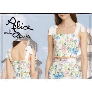 Alice + Olivia Nika Fitted Crop Top w/ Tie Straps- Gardenia